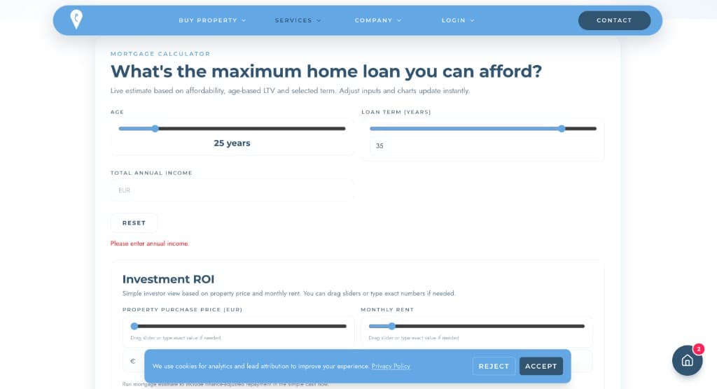 Mortgage calculator with age-based LTV and Investment ROI